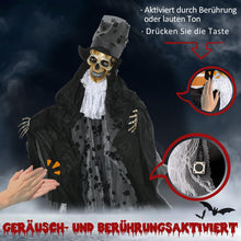 Laden Sie das Bild in den Galerie-Viewer, Lebensgroßer Halloween-Bräutigam: 183cm bewegliches Skelett mit blinkenden Augen und Soundeffekten