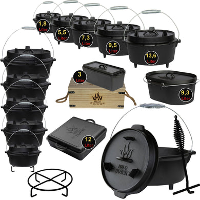 Dutch Oven Set – Gusseiserner Feuertopf mit Deckelheber. Verschiedene Größen.