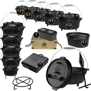 Dutch Oven Set – Gusseiserner Feuertopf mit Deckelheber. Verschiedene Größen.