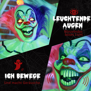 Halloween Dekoration Stehender Clown 173cm mit LED-Lichter Soundeffekt, pink und lila