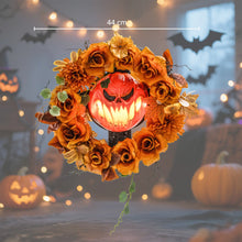Laden Sie das Bild in den Galerie-Viewer, Halloween-Kranz mit Kürbisgesicht &amp; 44 LED-Lichtern – Flackernder Grusel für Tür, Fenster &amp; Kamin, 44 cm