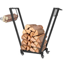 Laden Sie das Bild in den Galerie-Viewer, Kaminholzständer Feuerholzgestell, trapezförmiges Design, pulverbeschichteter Metall, mobil mit Rollen, 79 x 30 x 81 cm, Schwarz
