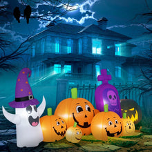 Laden Sie das Bild in den Galerie-Viewer, Halloween-Gartendeko Kürbisfamilie mit Geist und Grabstein, Gebläse wetterfest 240 x 130x 130 cm