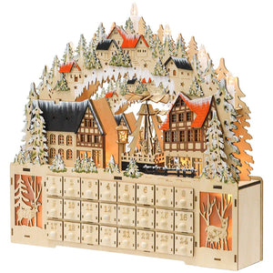 Adventskalender, Weihnachtsdorf, 18 LEDs, 24 Schubladen, wiederverwendbar, 45 x 9 x 42,5 cm