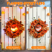 Laden Sie das Bild in den Galerie-Viewer, Halloween-Kranz mit Kürbisgesicht &amp; 44 LED-Lichtern – Flackernder Grusel für Tür, Fenster &amp; Kamin, 44 cm