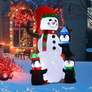 Aufblasbare Schneemann-Skulptur mit drei Pinguinen, 180 cm mit LED-Beleuchtung. Weihnachten Deko Luftfigur
