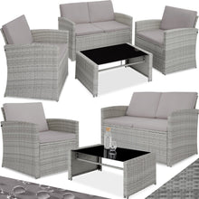Laden Sie das Bild in den Galerie-Viewer, Polyrattan Sitzgruppe für 4 Personen, Gartenmöbel Set mit Sofa, Sessel und Tisch, inkl. Sitz- und Rückenkissen, für Garten, Terrasse und Balkon.