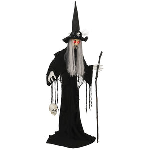 Animierte Halloween-Dekoration – Hexe mit Skull, LED-Augen, Sound & Bewegung, 170 cm