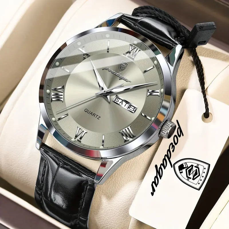 Herren Armbanduhr mit schwarzem Lederband. 4 Ausführungen.