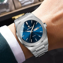 Laden Sie das Bild in den Galerie-Viewer, Elegante Herren-Armbanduhr, Stahlband mit blauem Ziffernblat.  Mit präzisem Quarzwerk