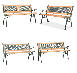Parkbank, Gußeisen mit verschiedenen Motiven. Lackiertes Holz. Wetterfest. 122 cm Breite.