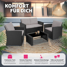 Laden Sie das Bild in den Galerie-Viewer, Polyrattan Sitzgruppe für 4 Personen, Gartenmöbel Set mit Sofa, Sessel und Tisch, inkl. Sitz- und Rückenkissen, für Garten, Terrasse und Balkon.