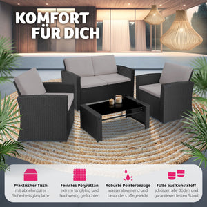 Polyrattan Sitzgruppe für 4 Personen, Gartenmöbel Set mit Sofa, Sessel und Tisch, inkl. Sitz- und Rückenkissen, für Garten, Terrasse und Balkon.