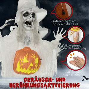 Lebensgroße alte Halloween-Hexe, Soundfunktion, mit Bewegungssensor und LED-Lichtern, 183 cm, weiß