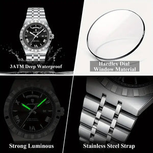 Elegante Herren-Armbanduhr, Stahlband. Mit Wochentag-Anzeige. 3 Modelle.