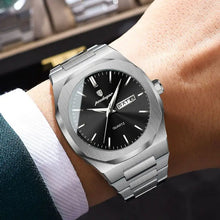 Laden Sie das Bild in den Galerie-Viewer, Elegante Herren-Armbanduhr, Stahlband mit schwarzem Ziffernblat.  Mit präzisem Quarzwerk