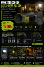 Laden Sie das Bild in den Galerie-Viewer, Funkschalter-Set 2+1 für Außen – 2 Funksteckdosen mit Fernbedienung, bis 2300 W, 30 m Reichweite, IP44