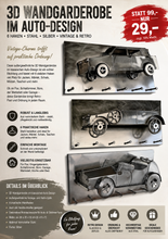 Laden Sie das Bild in den Galerie-Viewer, Kunst aus Stahl. (3D) Oldtimer-Wandgarderoben. 80 cm. Hakenleiste Paneel 80x35x16cm 4 künstlerische Modelle in Handarbeit.