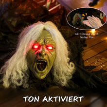 Laden Sie das Bild in den Galerie-Viewer, Animierte Halloween-Dekoration – Kriechende Zombie-Oma mit LED-Augen &amp; Sound, 183 cm