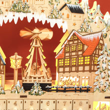 Laden Sie das Bild in den Galerie-Viewer, Adventskalender, Weihnachtsdorf, 18 LEDs, 24 Schubladen, wiederverwendbar, 45 x 9 x 42,5 cm