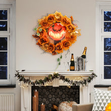 Laden Sie das Bild in den Galerie-Viewer, Halloween-Kranz mit Kürbisgesicht &amp; 44 LED-Lichtern – Flackernder Grusel für Tür, Fenster &amp; Kamin, 44 cm