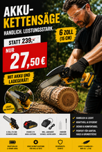 Laden Sie das Bild in den Galerie-Viewer, Sonderposten 27,50 Euro: Mini-Akku-Kettensäge 6 Zoll. Inkl. Li-Ion-Akku und Ladestation.