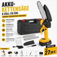 Laden Sie das Bild in den Galerie-Viewer, Sonderposten 27,50 Euro: Mini-Akku-Kettensäge 6 Zoll. Inkl. Li-Ion-Akku und Ladestation.