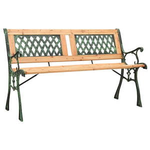 Parkbank, Gußeisen mit verschiedenen Motiven. Lackiertes Holz. Wetterfest. 122 cm Breite.