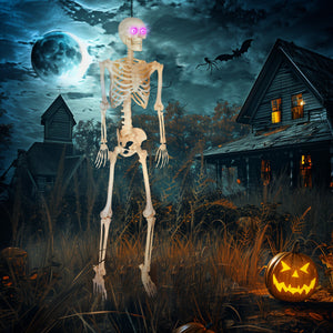 Animierte Halloween-Dekoration – Skelett mit LED-Augen, Sound & Bewegung, 152 cm
