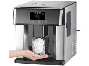 Profi Eiswürfelmaschine mit Spender. Robustes Edelstahlgehäuse. Eiswürfel oder Eiswasser auf Knopfdruck.