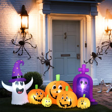 Laden Sie das Bild in den Galerie-Viewer, Halloween-Gartendeko Kürbisfamilie mit Geist und Grabstein, Gebläse wetterfest 240 x 130x 130 cm