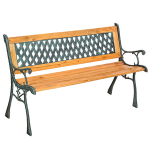 Parkbank, Gußeisen mit verschiedenen Motiven. Lackiertes Holz. Wetterfest. 122 cm Breite.
