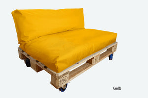 Palettenmöbel: Palettenpolster komplett 2-teilig. Preisewerte stylische Möbel. Sitzpolster und Rücklehne. 25 Farben.