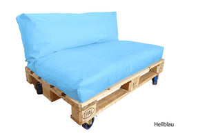 Palettenmöbel: Palettenpolster komplett 2-teilig. Preisewerte stylische Möbel. Sitzpolster und Rücklehne. 25 Farben.