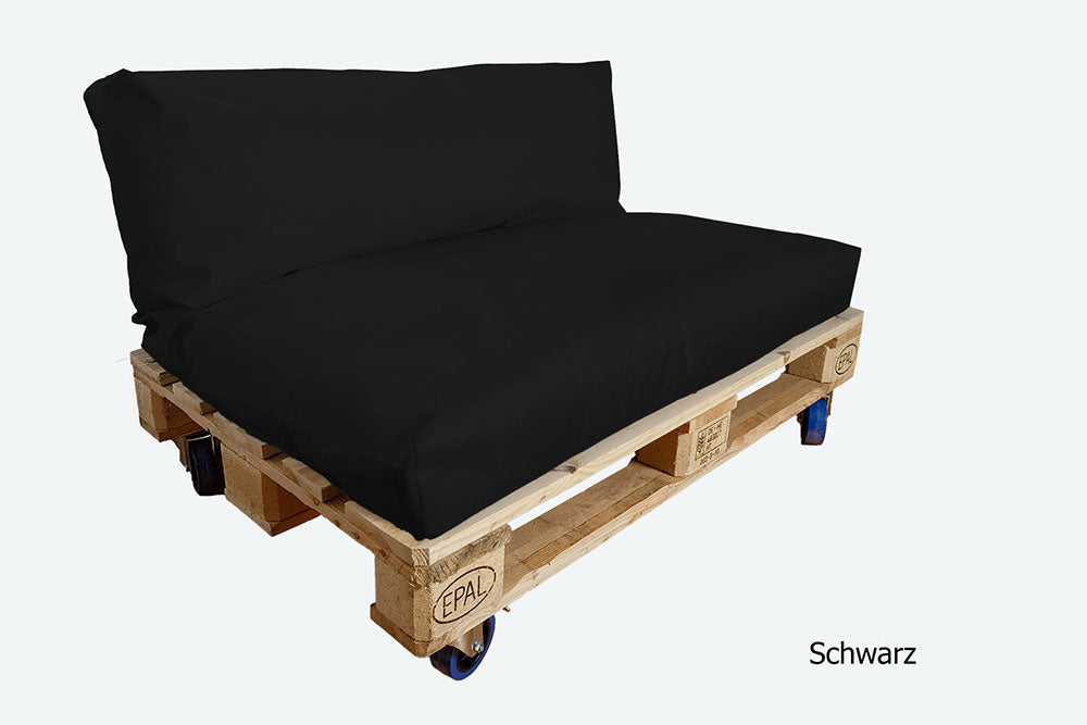 Palettenmöbel: Palettenpolster komplett 2-teilig. Preisewerte stylische Möbel. Sitzpolster und Rücklehne. 25 Farben.