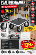 Laden Sie das Bild in den Galerie-Viewer, Plattformwagen 300 kg, Transportwagen, Transportkarre, 22 cm Luftreifen, für längere Strecken