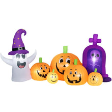 Laden Sie das Bild in den Galerie-Viewer, Halloween-Gartendeko Kürbisfamilie mit Geist und Grabstein, Gebläse wetterfest 240 x 130x 130 cm