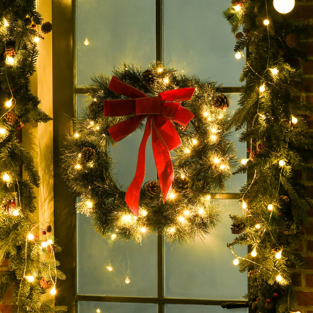 Tannenkranz Weihnachtskranz Künstlicher Türkranz mit LED und Schleife, 60 cm