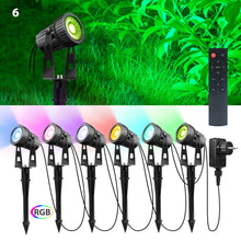 Laden Sie das Bild in den Galerie-Viewer, LED RGB Color Gartenlicht 6er Set mit Gartenspieß. 4 x 3 Watt Farbige LED-Licht. Fernbedienung