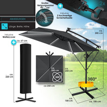 Laden Sie das Bild in den Galerie-Viewer, Ampelschirm mit LED Beleuchtung 250cm x 250cm Sonnenschirm rechteckig. Inkl. Abdeckung + Windsicherung mit Kurbelvorrichtung Aluminium