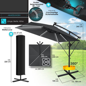 Ampelschirm mit LED Beleuchtung 250cm x 250cm Sonnenschirm rechteckig. Inkl. Abdeckung + Windsicherung mit Kurbelvorrichtung Aluminium