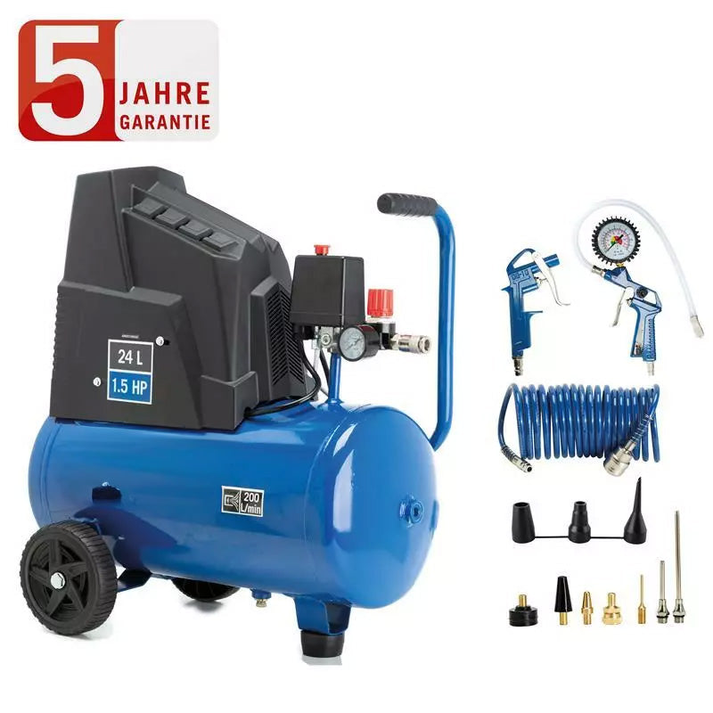 Kompressor 8 BAR 24 Liter Kessel im Set mit Druckluftpistole Spiralschlauch. Für Auto, LKW, Wohnmobil, Fahrrad, Motorrad usw. und Werkzeuge.