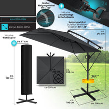 Laden Sie das Bild in den Galerie-Viewer, Ampelschirm mit LED Beleuchtung 250cm x 250cm Sonnenschirm rechteckig. Inkl. Abdeckung + Windsicherung mit Kurbelvorrichtung Aluminium