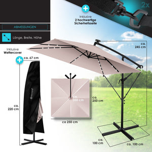 Ampelschirm Sonnenschirm Rechteckig LED Solar Inkl. Abdeckung + Windsicherung mit Kurbelvorrichtung Aluminium mit An-/Ausschalter Wasserabweisend 250cm x 250cm Schirm Gartenschirm