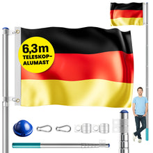 Laden Sie das Bild in den Galerie-Viewer, Teleskop-Fahnenmast (Silber o. Schwarz) mit Fahne. 6,30 m. Für Firma, Garten, Haus... Mit Flagge 150 x 90 cm.