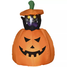 Laden Sie das Bild in den Galerie-Viewer, Halloween Aufblasbarer Kürbisgeist 115 cm mit beweglicher Katze mit LED
