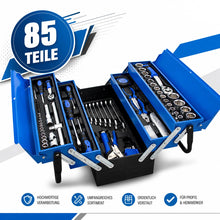Laden Sie das Bild in den Galerie-Viewer, Sonderposten. Blauer 5-lagiger Vollmetall-Werkzeugkoffer: 85-teiliges Premium Werkzeugset in Klappkiste