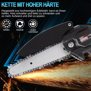 Schwarze Mini-Akku-Kettensäge 4 und 6 Zoll. (2 Ketten-Längen). Inkl. 2 Li-Ion-Akkus und Ladestation.