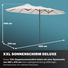 Laden Sie das Bild in den Galerie-Viewer, Doppel-Sonnenschirm 460x270 cm UV-Schutz 40+ - Groß, XXL, mit Schutzhülle und Kurbel