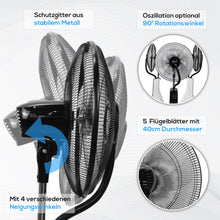 Laden Sie das Bild in den Galerie-Viewer, Nebelventilator Standventilator Ø40 cm Luftkühler Ventilator 90 Watt mit 3,1 Liter Wassertank für Ultraschallnebel